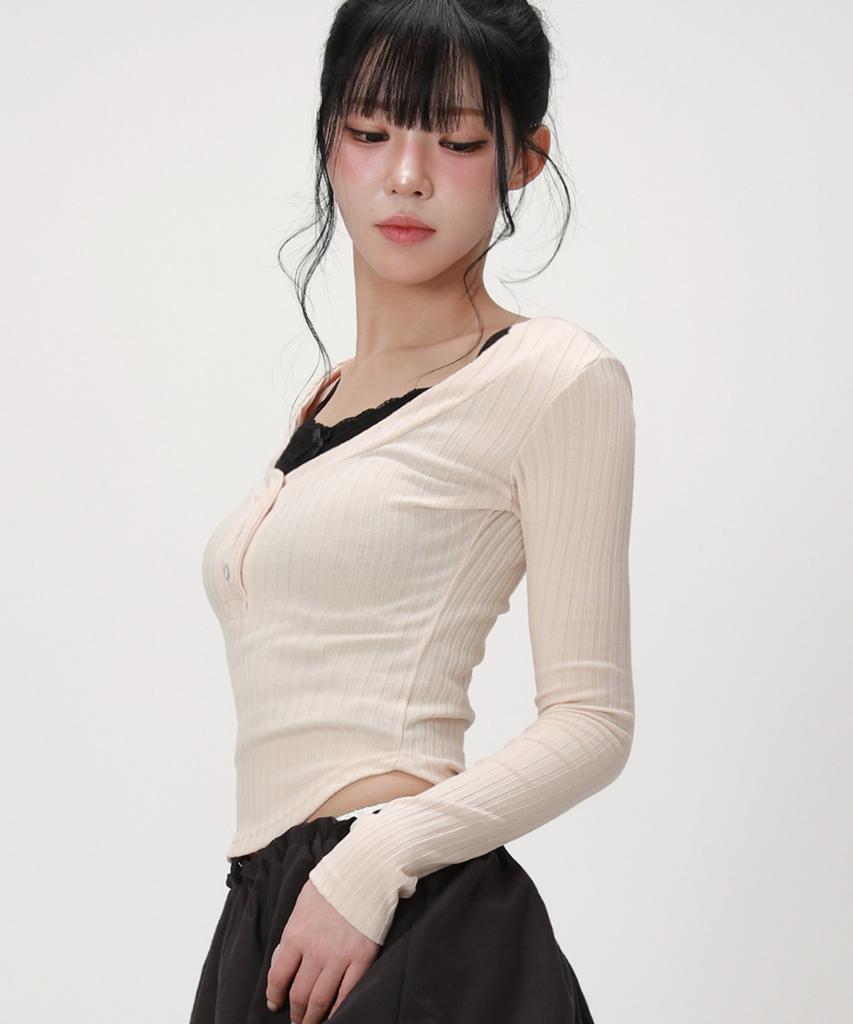 LIKE THE MOST Rib Henley Neck Slim Long Sleeve Top_Light Beige
