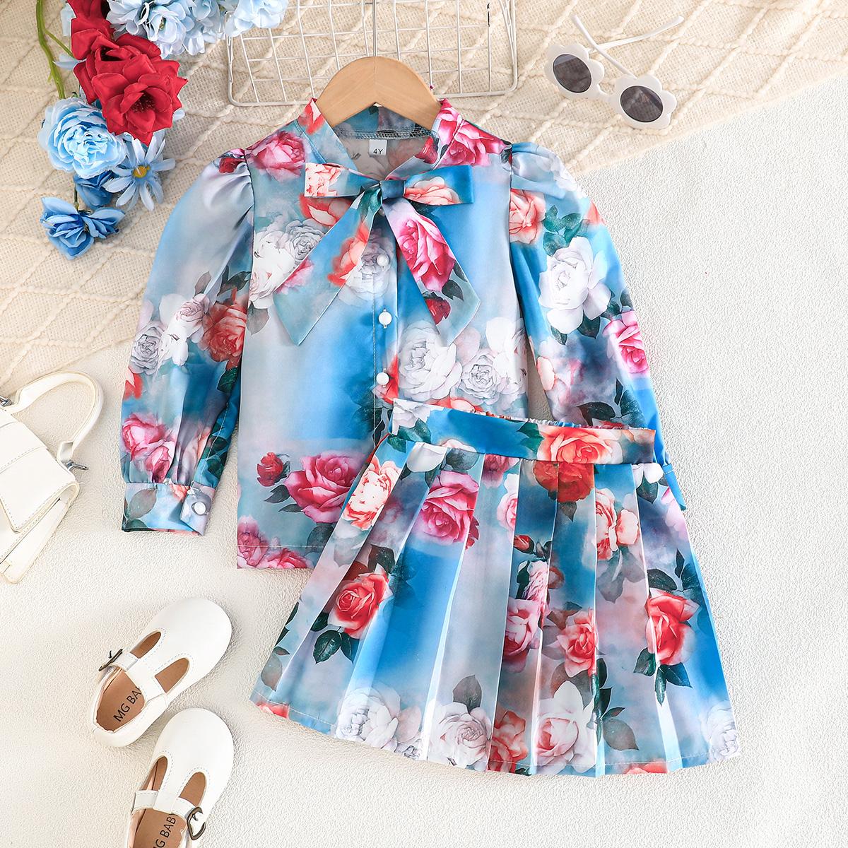 

Toddler Floral Print Skirt Set, Long Sleeve Blouse with Bow and Pleated Skirt 2-3Y аэро