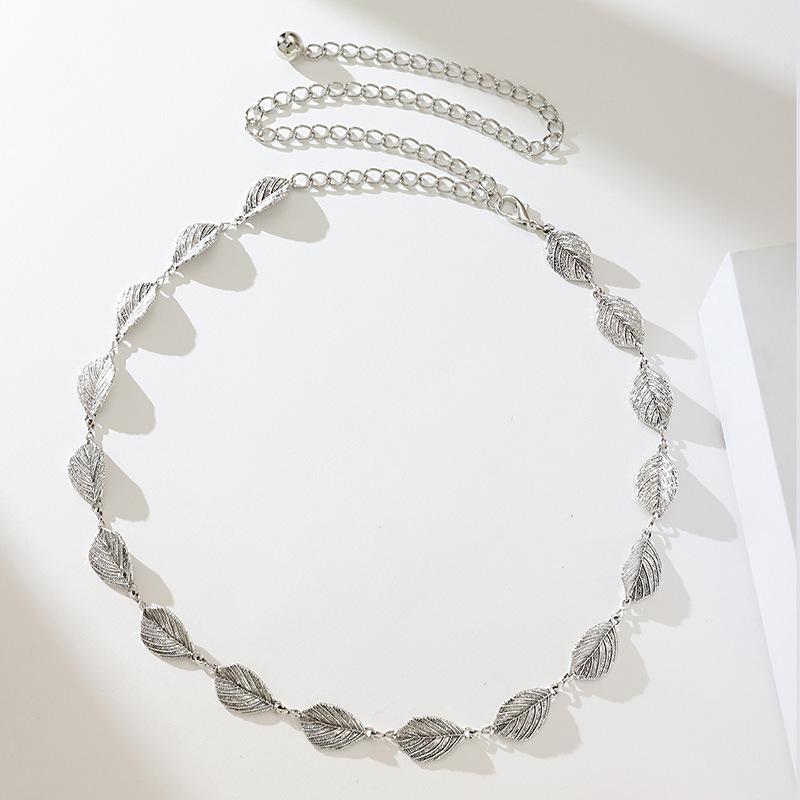 New European and American Women's Leaves Texture and Texture Fashionable Metallic Silver Women's Waist Chain Spring and Summer Versatile