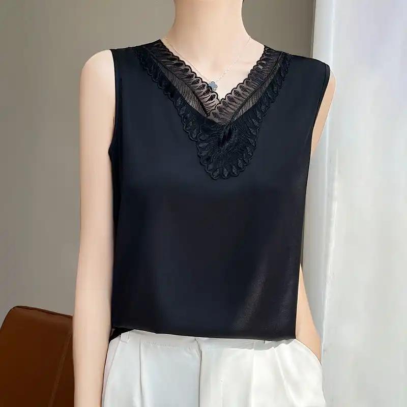 Women's Champagne Camisole Elegant V-Neck Sleeveless Lace Trim Silk-Like Top