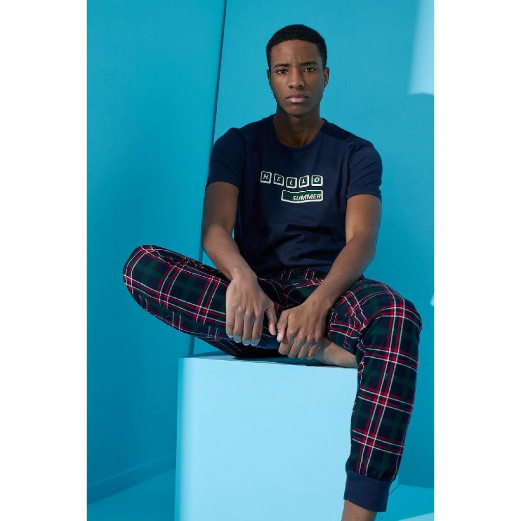 Marineblaues „Hello Summer“-Pyjama-Set mit kurzen Ärmeln und Aufdruck für Herren