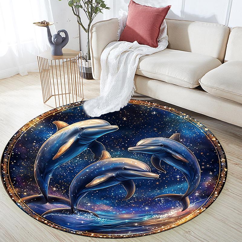 Dolphins Round Area Rug,Carpet Rug for Living Room Bedroom Sofa Playroom Decor,Non-slip Floor Mat