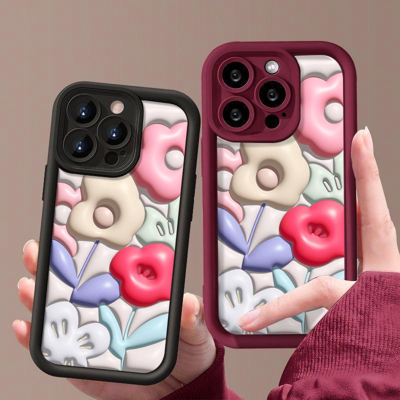 

Милый чехол для телефона с мультяшным цветочным узором для iPhone 16 Pro Max 15 14 13 12 Pro 11 XR, противоударный, мягкий чехол для защиты объектива iPhone 15 чёрный