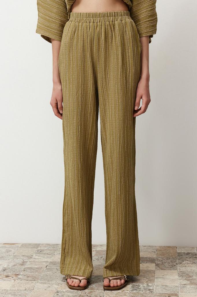 Women's Style Trousers Khaki Elastic Waist Textured Fabric Woven Trousers