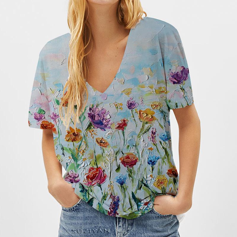 Fashion Spring  Butterfly Print Blouses Short Sleeved V-Neck T Shirts Casual