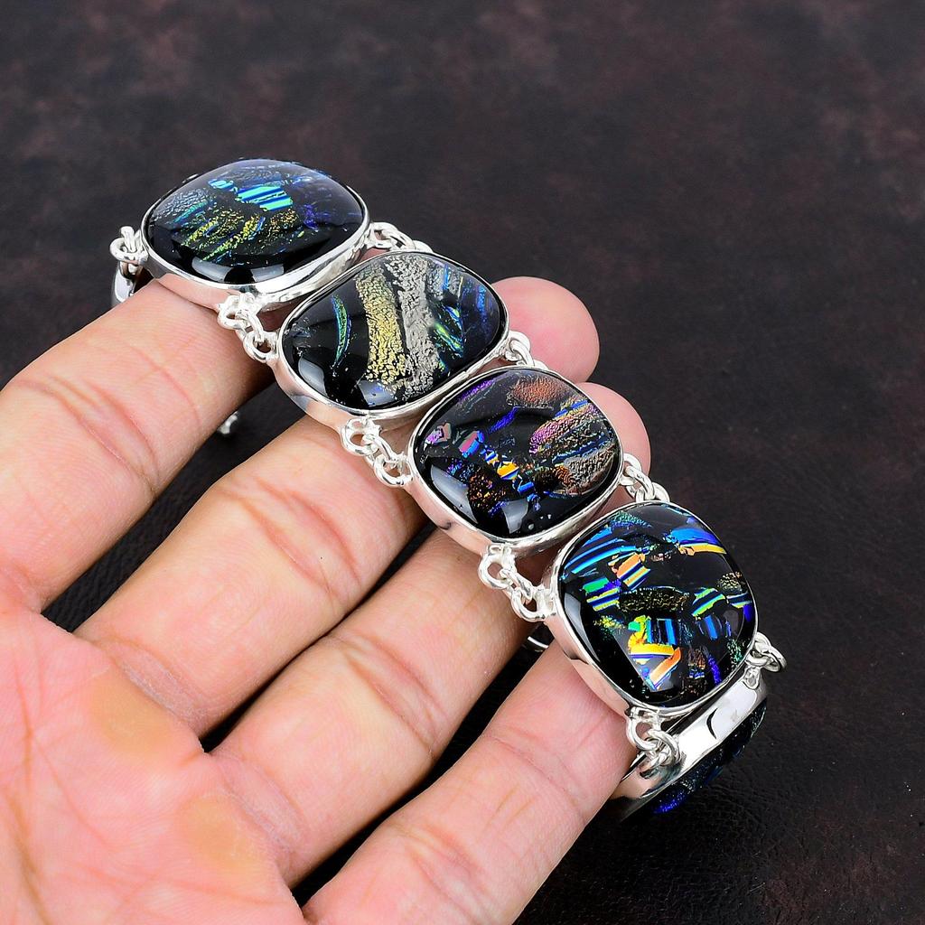American Dichroic Glass Bracelet 925 Sterling Silver Bracelet Adjustable Chain Bracelet Handmade Gemstone Bracelet Silver Jewelry For Gifts
