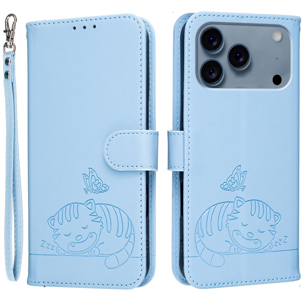 Für iPhone 17 Pro Hülle RFID-blockierende Geldbörse Ständer Geprägtes Katzenmuster Leder Klapphandyhülle mit Armband