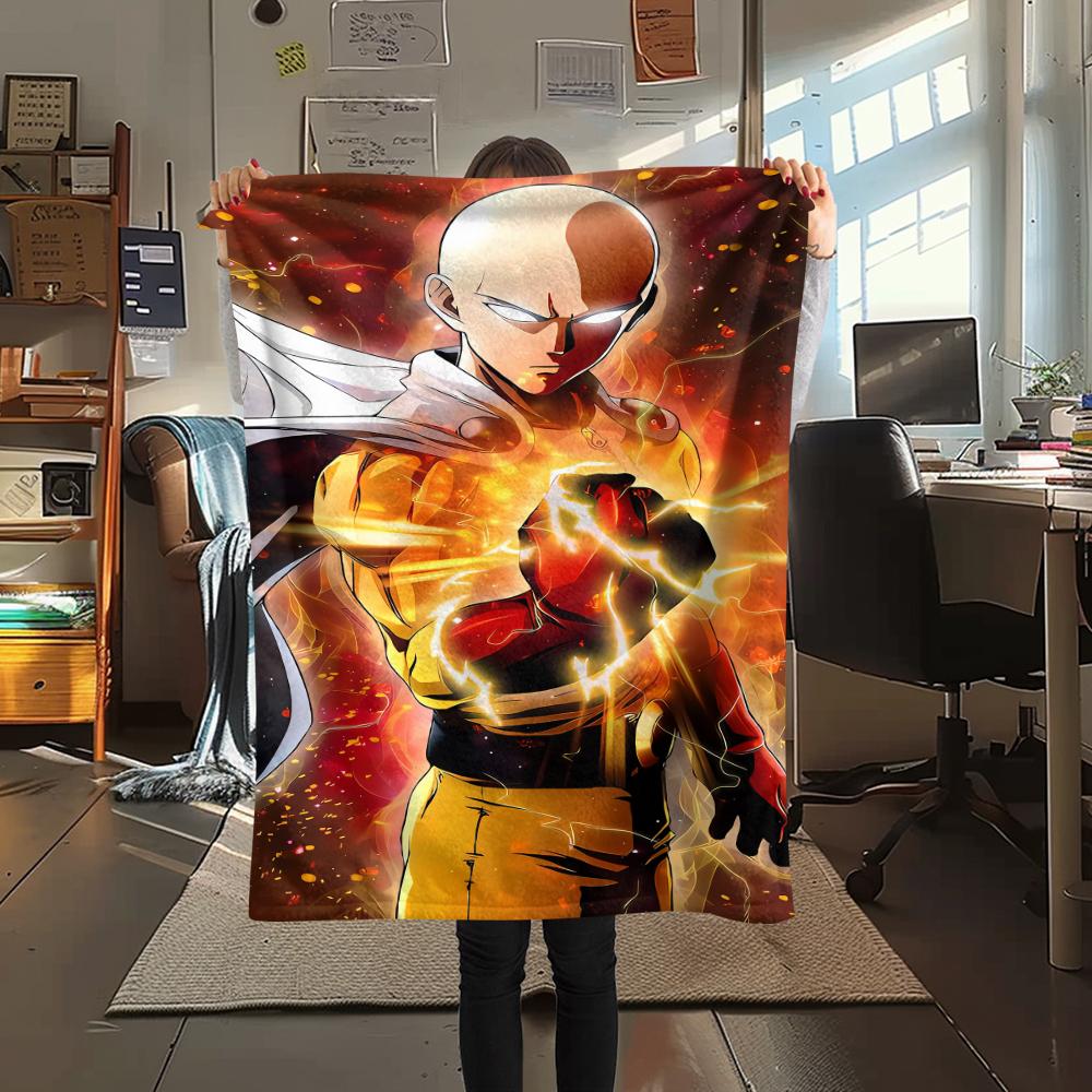 1 Stück One-Punch Man Aufdruck Flanelldecke, Hohe Qualität für Alle Jahreszeiten, Heimdekoration, Wärme und Komfort, Perfekt für Weihnachtsgeschenke
