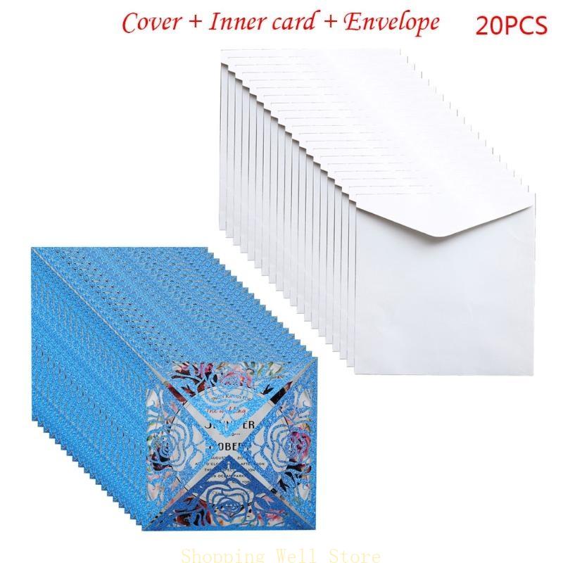 KX4B 20pcs/set Wedding Invitations Cards Glitter Rose Flower Greeting Card Invite Envelopes Bridal Shower Supplies