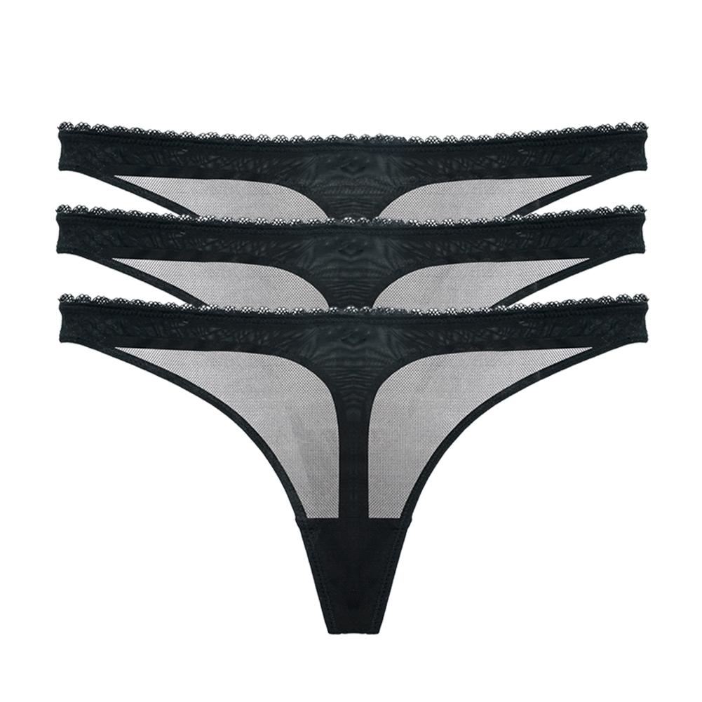 Women Sexy See Through Panties Thong Mesh G-Strings Low Rise Brief Black Underwear 3PCS