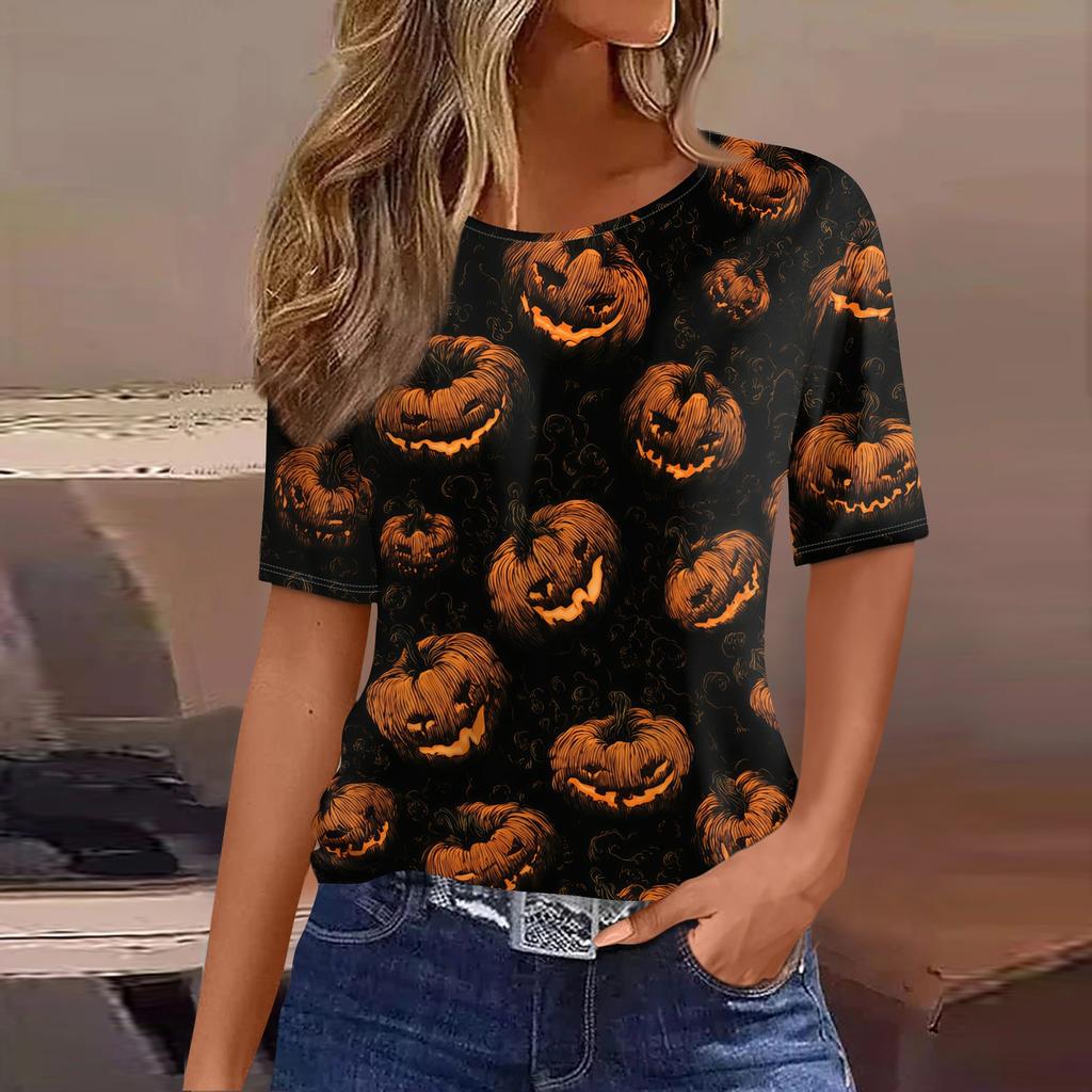 Women's Short Sleeve Halloween and Pumpkin Print T-Shirt, Casual Round Neck Pullover Top for Women