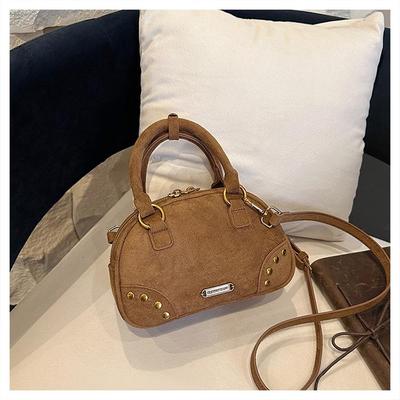 Women's Retro Suede Rivet Bowling Bag: 2025 Trendy Versatile Shoulder & Crossbody Handbag