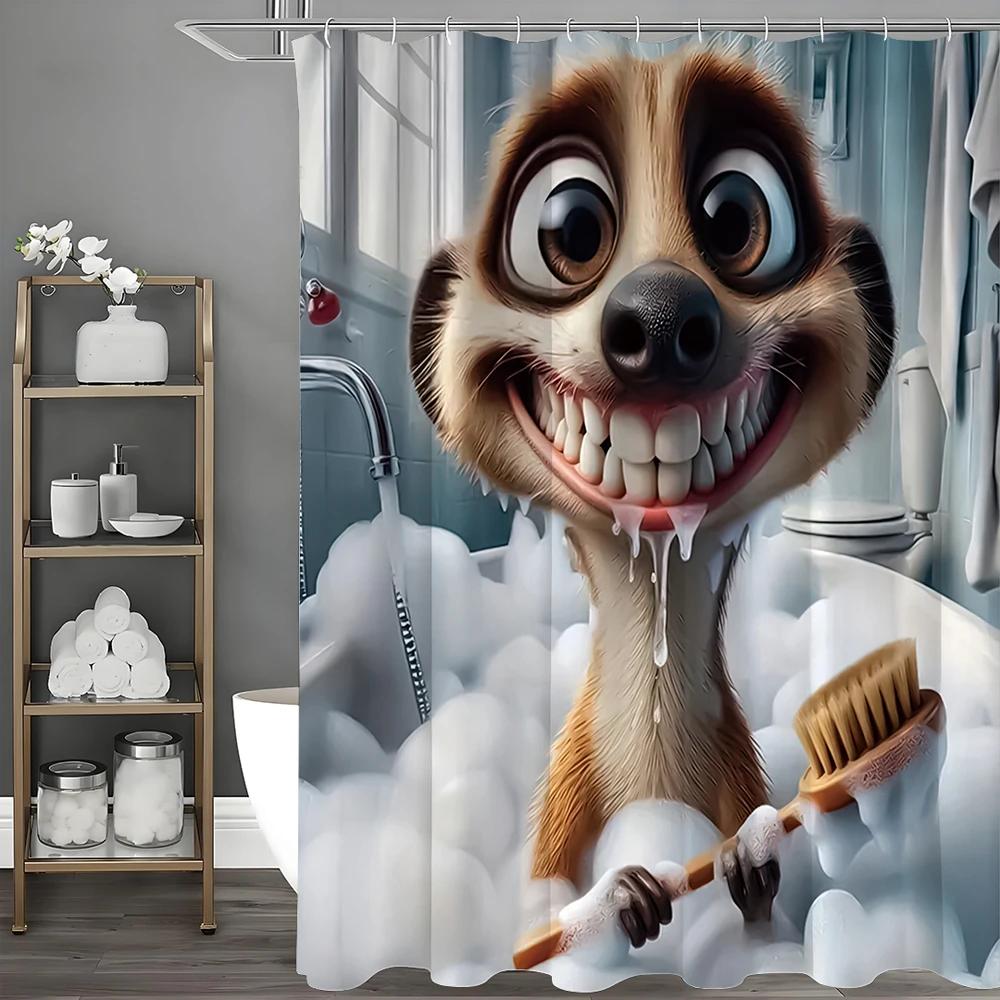 Cartoon Meerkat Shower Curtain, Bathroom Decorative Shower Curtain, Waterproof Shower Curtain with Hooks