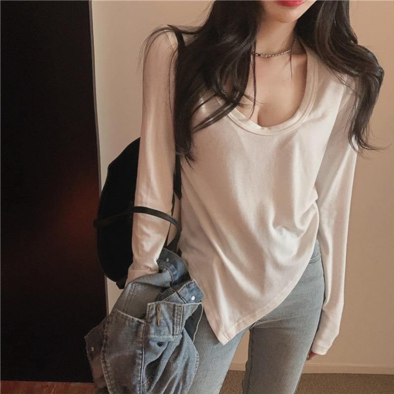 T-shirt Women Slim Sexy Low Neckline White Style Long Sleeve with A Base Shirt Autumn New Slim Top