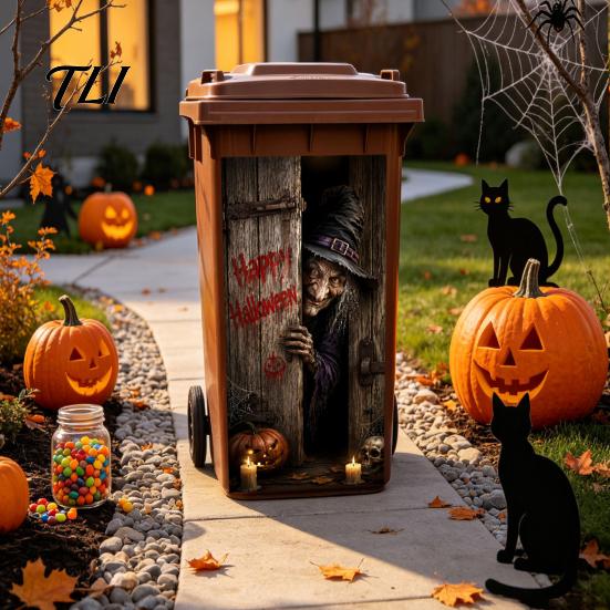 Outdoor Festive Atmosphere Decor Halloween Wall Stickers Trash Can Decal Stickers, Spooky Skull Ghost Horror for Bins Decals Garbage Cans, Waterproof