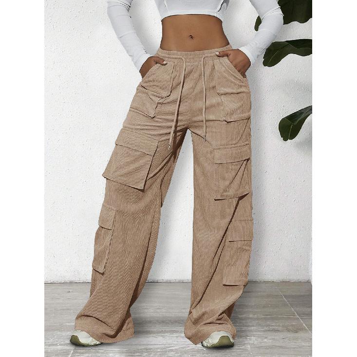 

Women s Cargo Pants Spring/Summer New Wide-Leg Pants Casual Simple Tie-Waist Multi-Pocket Long Pants XS хаки