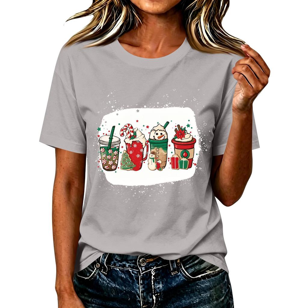 Women's Casual Christmas Print Short Sleeve T-Shirt Festive Holiday Graphic Tee Top
