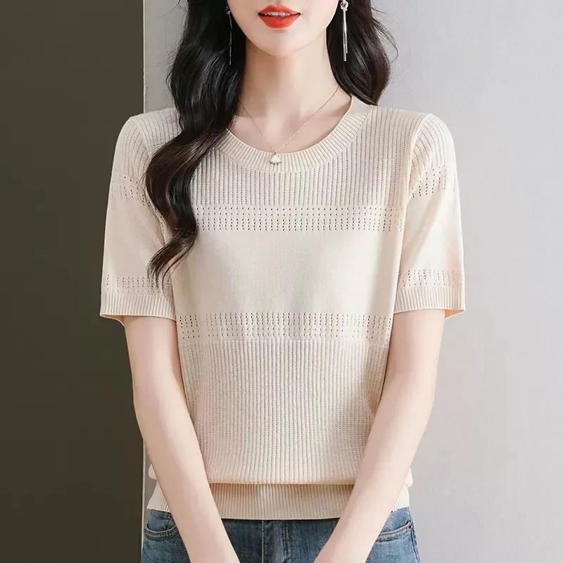 Women's Light Blue Short Sleeve Knit Top Round Neck Ribbed Casual T-Shirt with Pointelle Detail