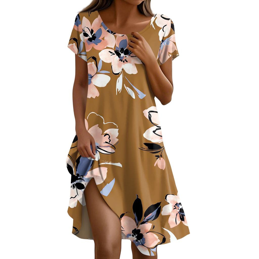 Short Sleeve Boho Dress For Women Casual Loose Fit Summer Sundress Floral Print Dress With Pockets