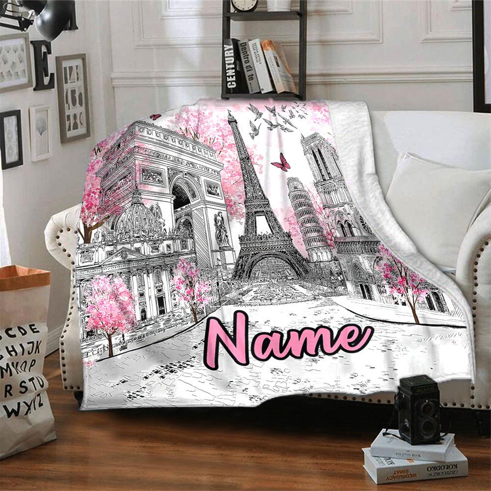 Parisian Romance Customized Name Blanket Comfortable Soft Lightweight Multipurpose Blanket For Picnics Sofas Offices Beds Living Rooms Perfect Gift