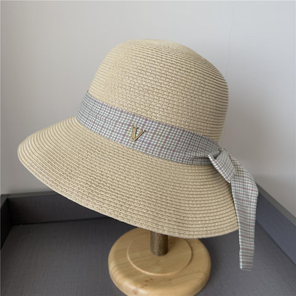 Straw Hat Versatile V Standard Plaid Bow Streamer Eaves Sunscreen Sunshade Bucket Hat Sun