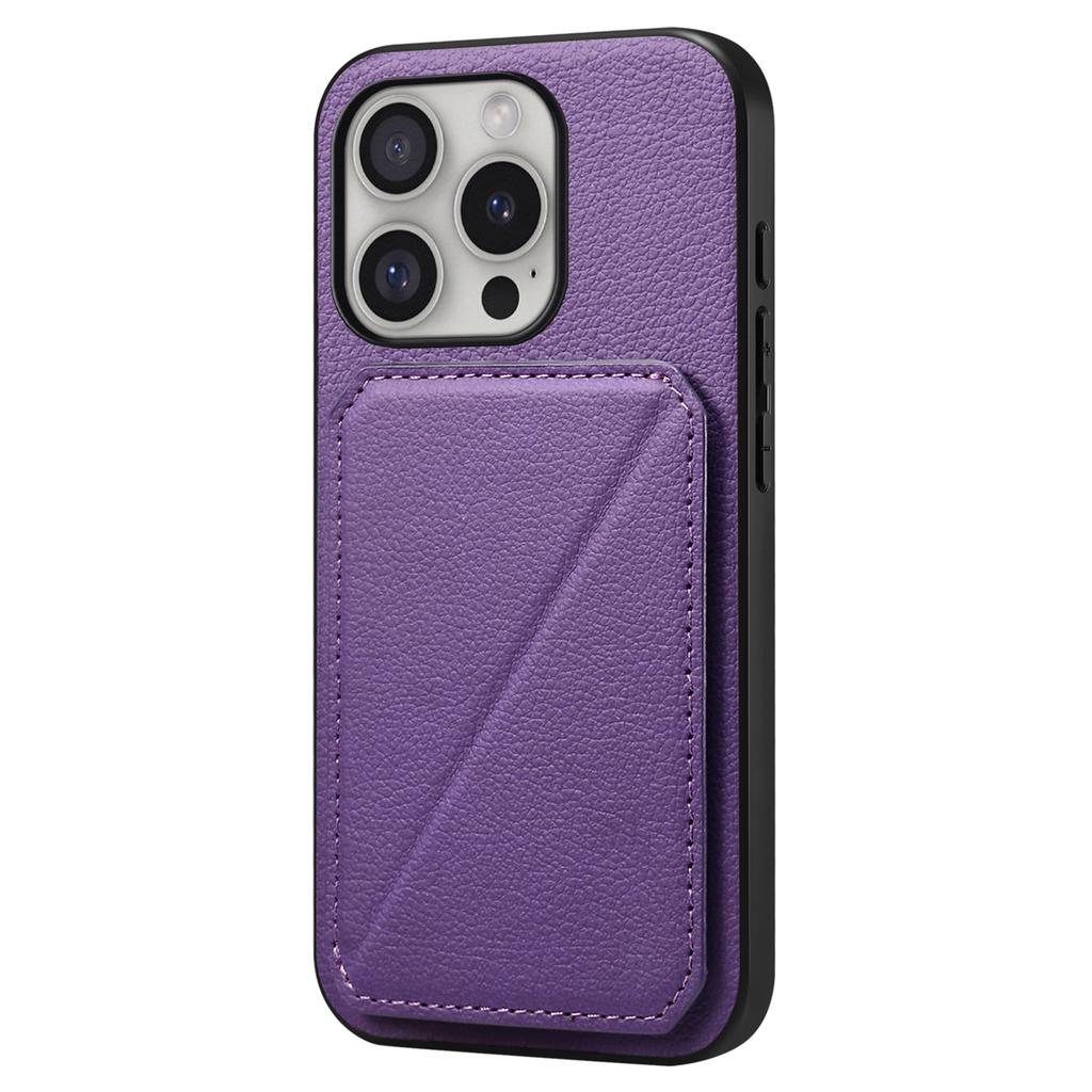 DENIOR D04 For iPhone 16 Pro Case Card Holder Kickstand Leather Coated Phone Cover