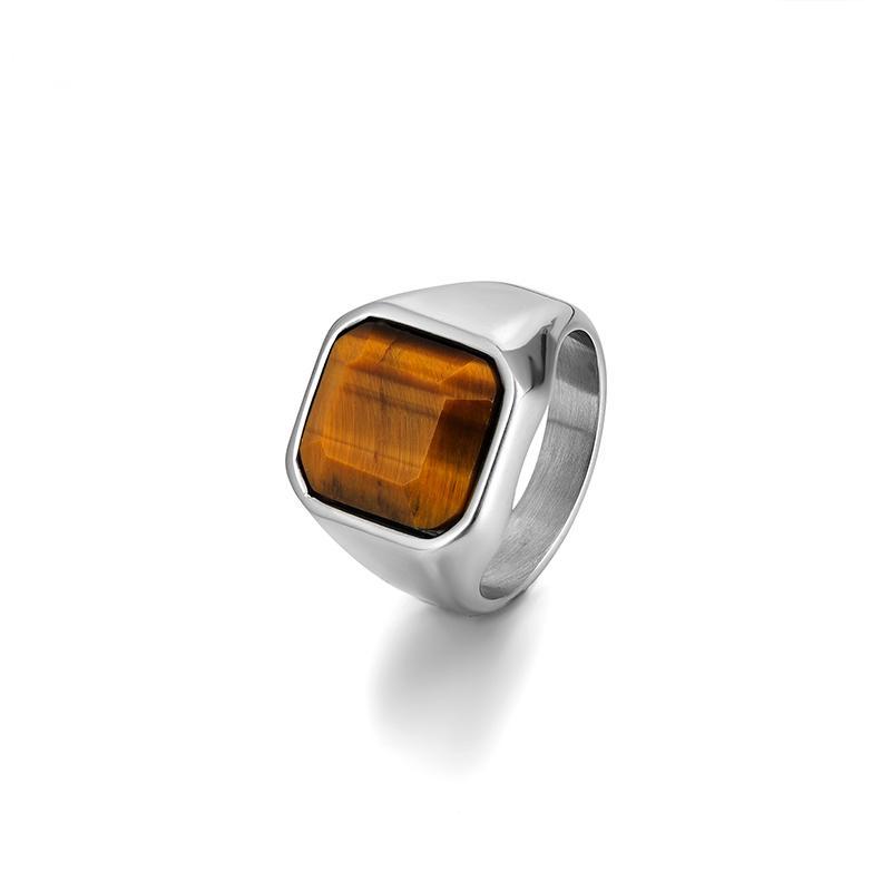 Men Rings Fashion Tiger Eye Natural Stone Titanium Steel Gold Ring, Stainless Steel Men s Gemstone Ring 7