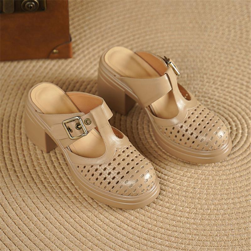 Fashion New Summer Slippers Genuine Leather Slippers for Women Fashion Hollow Out Mules Round Toe High Heels Cover Toe Slippers Sandals