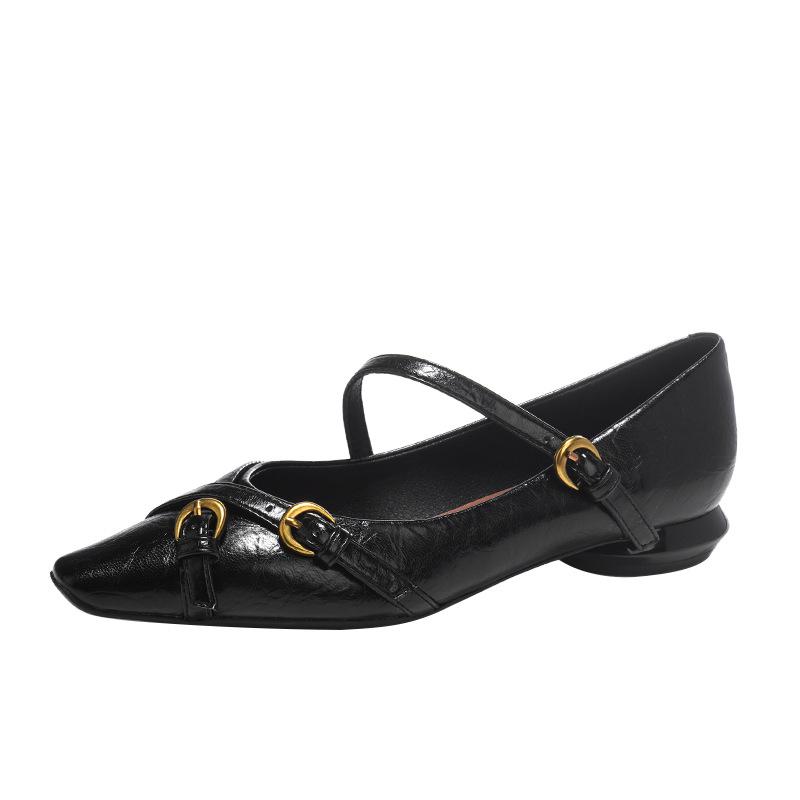 Sheepskin cross-buckle Mary Jane shoes women's square head flat bottom low heel one word with single shoes versatile temperament