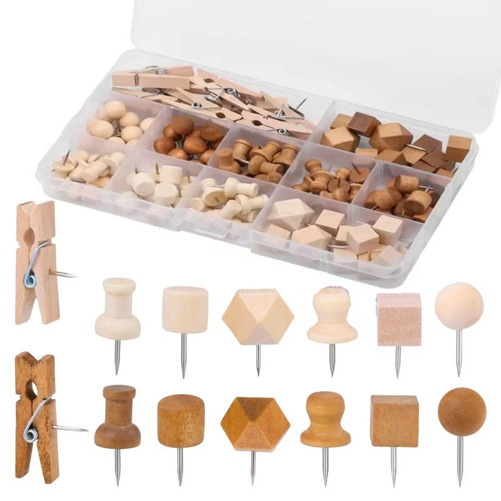 114Pcs Decorative Drawing Thumb Tacks Wooden Cork Board Thumbtack Wood Push Pins for Document