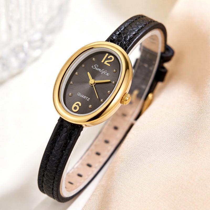 Sunlifex Fashion Oval Quartz Watch Women Leather Strap Ankora Red Luxury Minimalist Style