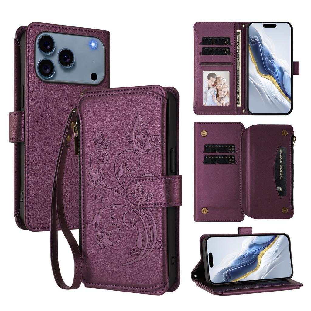 Dla iPhone 17 Pro Max Skórzane Etui Motyl Kwiatowy Wzór Portfel na Zamek Pokrowiec z Podstawką z Paskiem na Nadgarstek