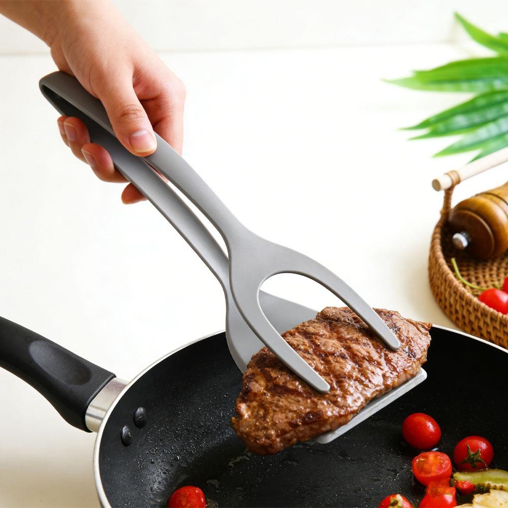 2 in 1 Grip Flip Spatula Clamp Egg Pancake Fish Toast Omelette Non Stick Tongs Silicone Home Kitchen Cooking Turner Tool