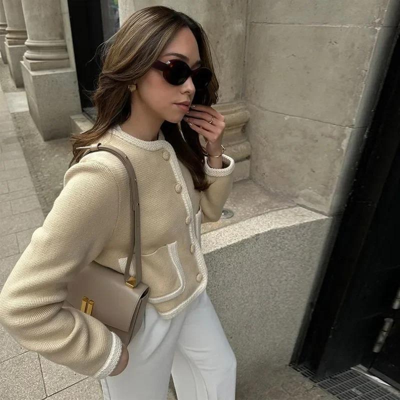 Elegant Patchwork Short Coat Women Slim Contrast O-neck Long Sleeve Single Breasted Pockets Jacket 2024 Autumn Lady Top Outwear