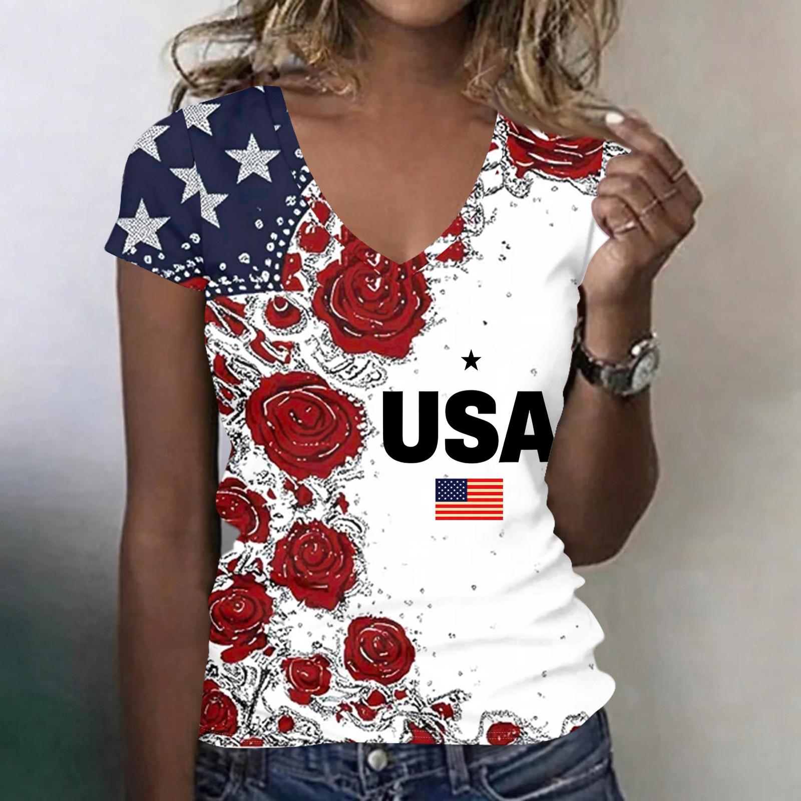

Women’s V Neck Lightweight Short Sleeve Top with Printed Graphic USA EST 1776 Rose Pattern Casual Summer Shirt Blouse XL