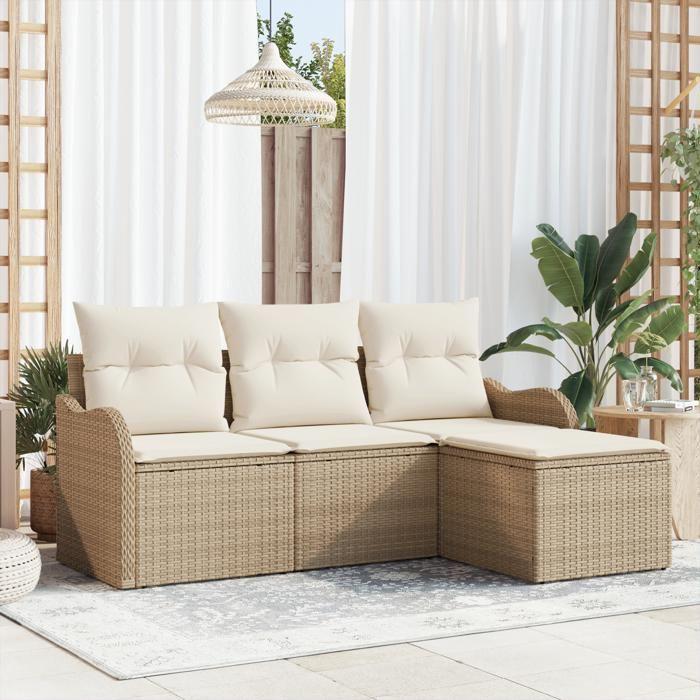 Ensemble Canapés Jardin 4 Pièces avec Coussins Beige Poly Rattan, Canapé Jardin 2 Places avec Coussins Beige Poly Rattan 3345651