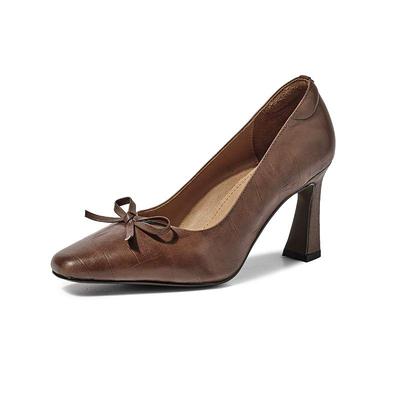 Krazing Pot Cow Skin Square Toe High Heels Summer Shoes Big Size 41 Butterfly-knot Women Shallow Pumps