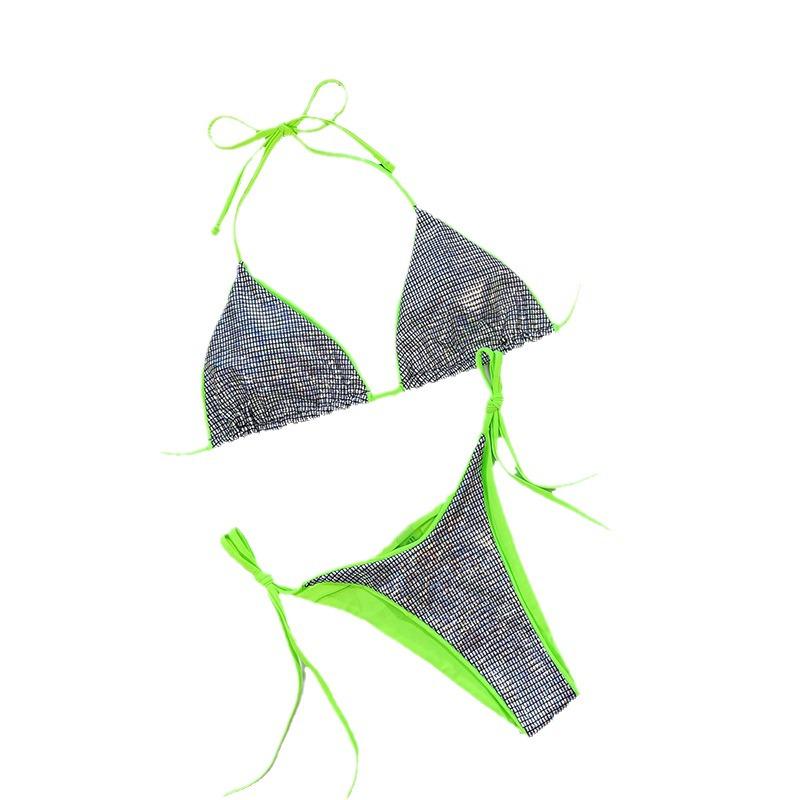 European & American Women's Colorblock Shiny Sexy Tie-Up Bikini Swimsuit