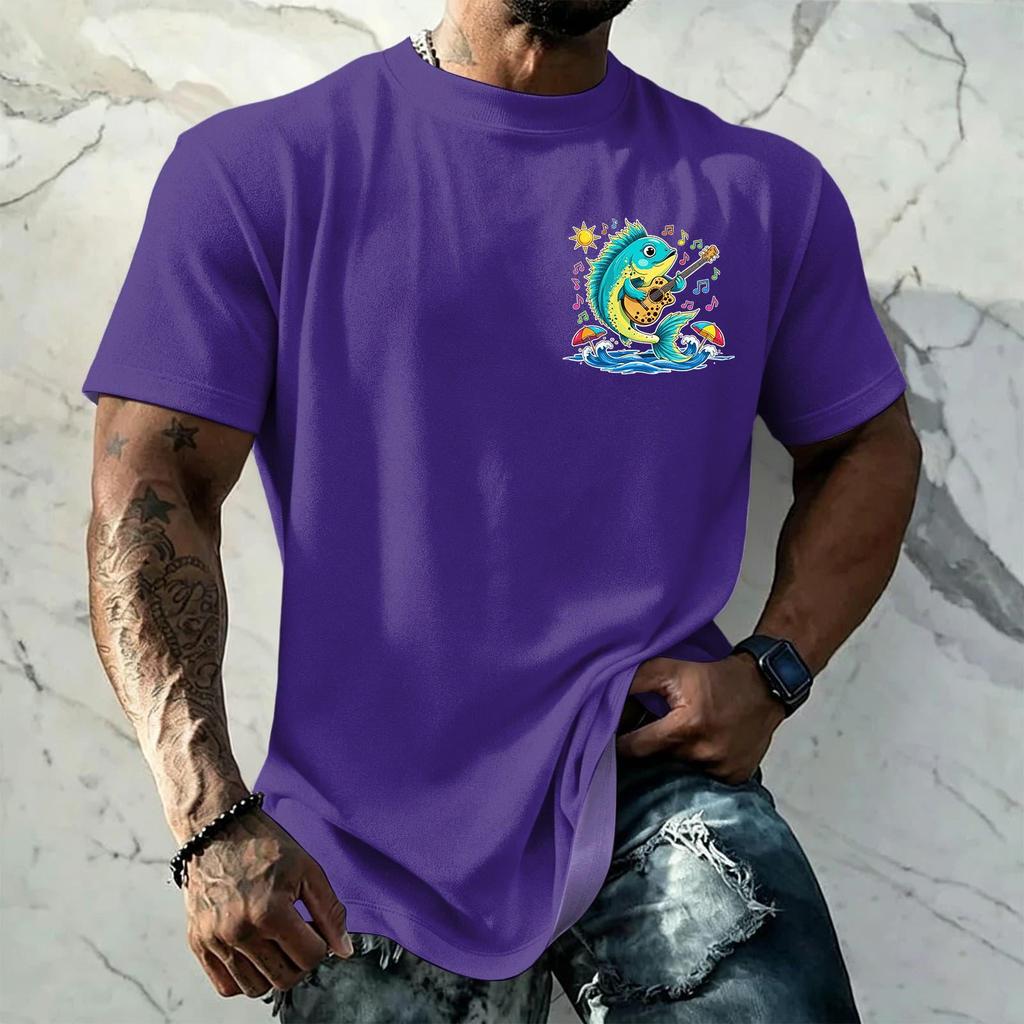Men's Vintage Textured Print Short Sleeve T Shirt Loose Fit Casual Summer Daily Wear Top with Graphic Fish Design