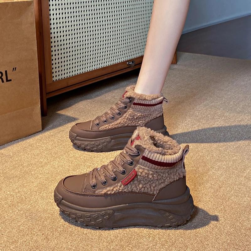 Fashion Women Ankle Flats Platform Sneakers Winter 2025 Trend Lace Up Short Plush Warm Women Shoes Comfort Casual Outdoor Non Slip Boots
