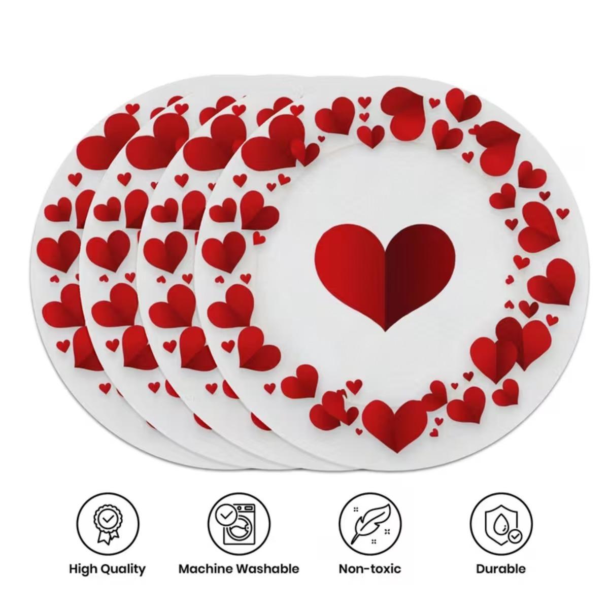 

4PCS Valentine Heart Placemats Round Wreath Border Placemats for Romantic Dinner Wedding Anniversary Party Table Decoration 38x38cm