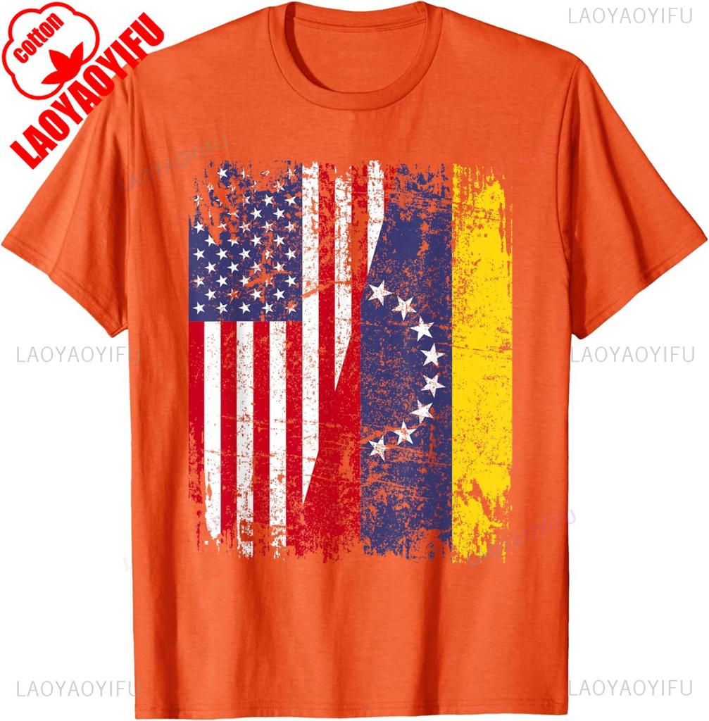 Venezuelan Roots Half American Flag Cotton TShirt Summer Casual Patriotic Gift Lightweight Breathable Trendy for Unisex WOMEN