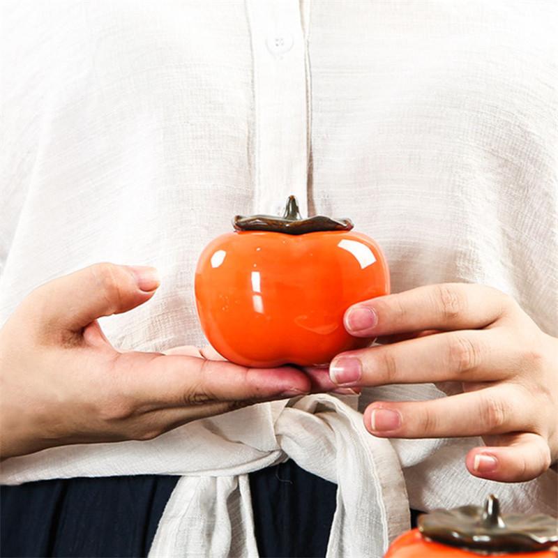 Ceramic Persimmon Tea Caddy – Jingdezhen Porcelain Sealed Canister for Candy, Spices, and Food Storage