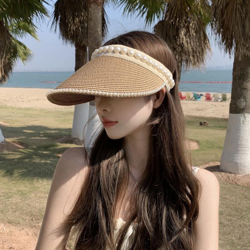 Women'S Summer New Fresh Beach Hat With Pearls Open Top Sun Hat Fashionable Raffia Straw Hat