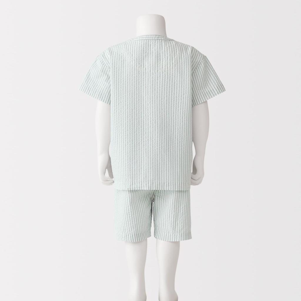MUJI Baby Seamless Soccer Woven Short Sleeve Changing Light Blue Sizes FED17A5S Pajamas, Unisex, Stripes, 80-90,