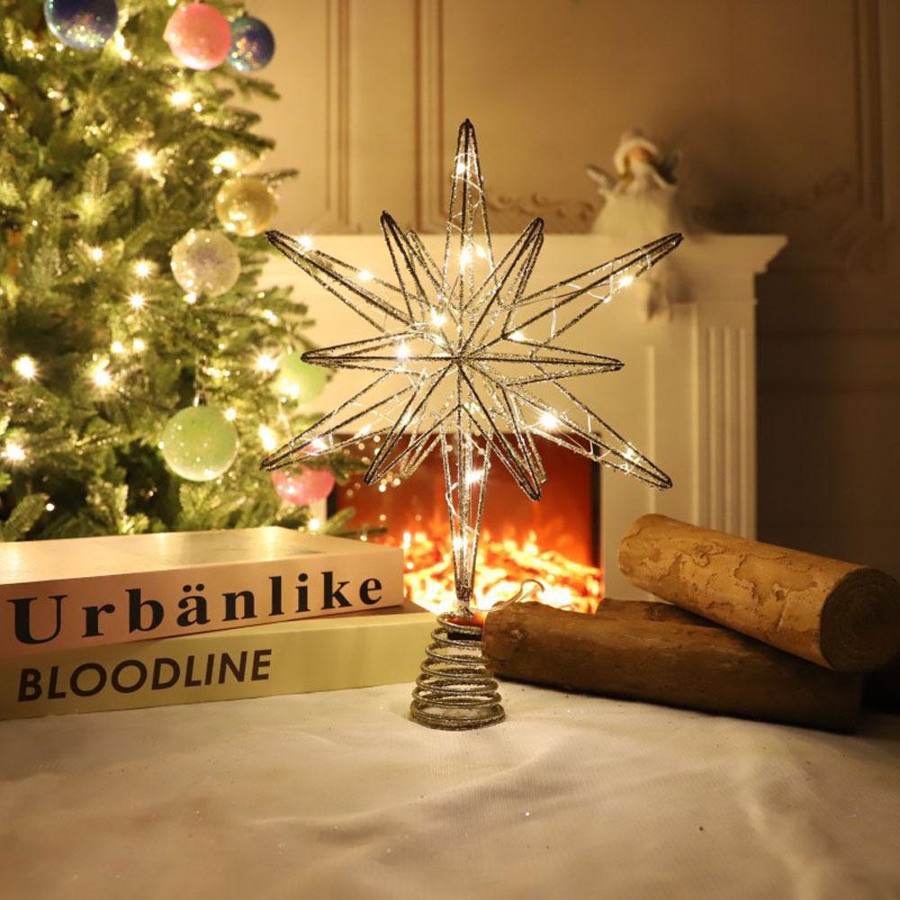 Christmas Tree Toppers Star with LED String Lights Ornaments Creative LED Lights Glitter Xmas Tree Decoration for Party Decor