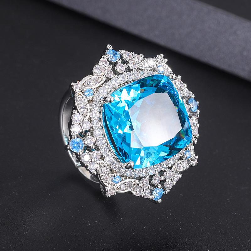 Sapphire inlaid zircon ring simulation Paraiba ruby ring European and American jewelry colored treasure ring