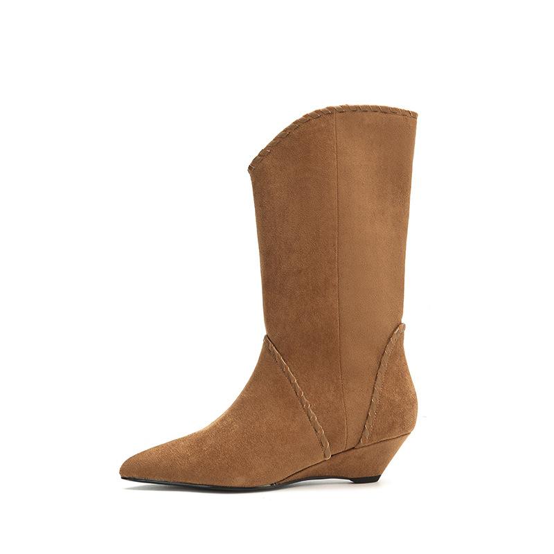 ~ Niche slope heel pointed flanged two wear pile boots short boots western cowboy boots women's 2025 medium boots