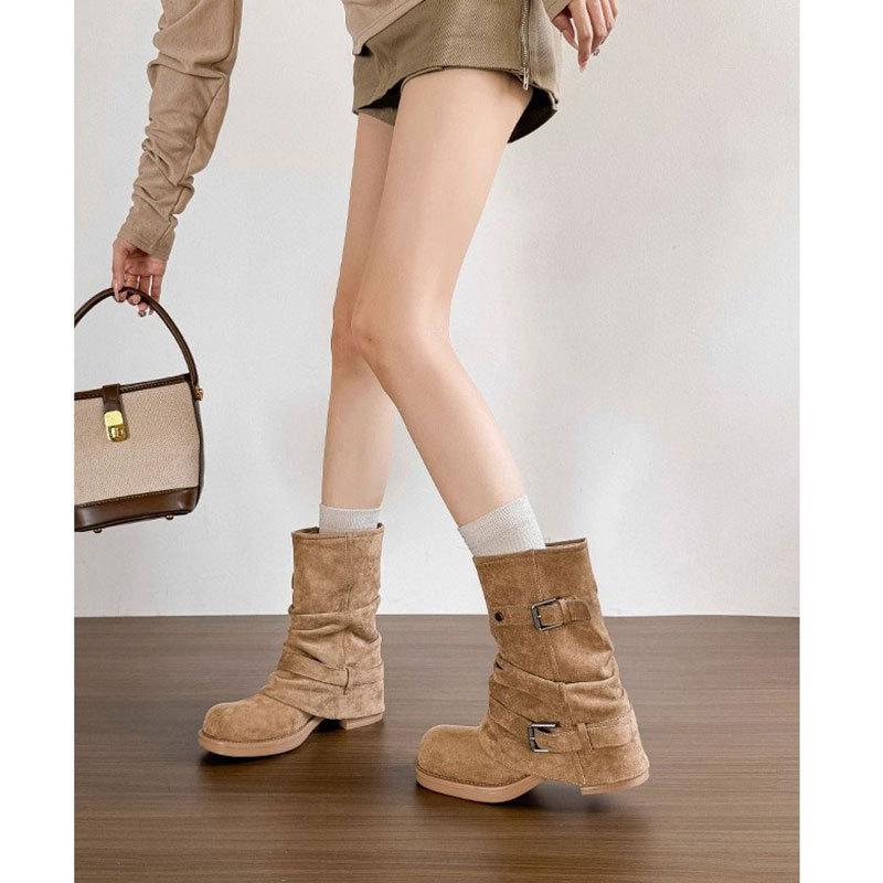 Top layer cowhide~ thick heel pleated pile short boots women's autumn and winter Maillard vintage western trousers Martin boots