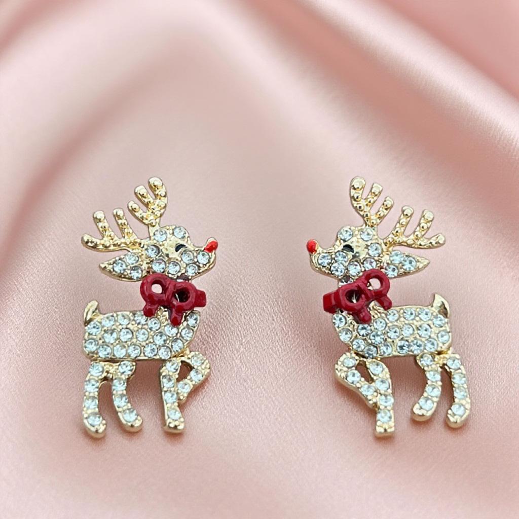

Christmas Reindeer Bow Tie Earrings: Drip Oil & Inlaid Diamonds with Movable Limbs